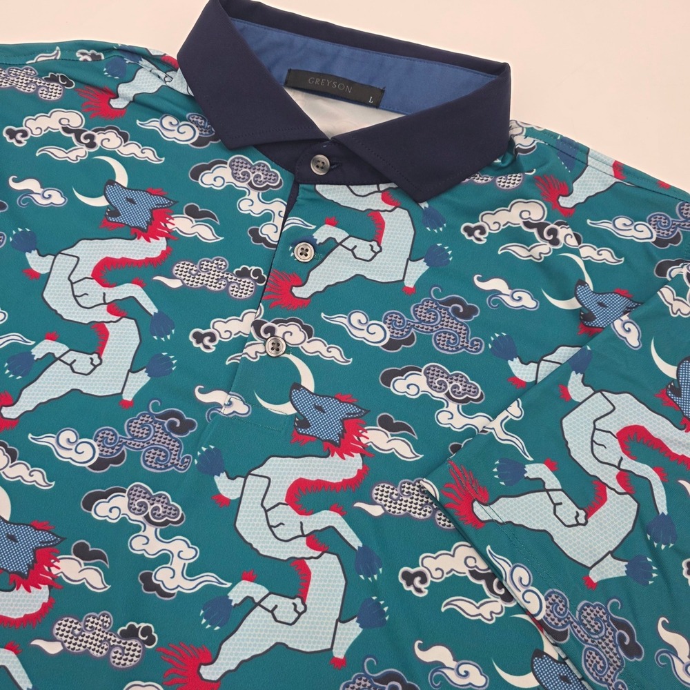 GREYSON DRAGON WOLF SLAYER GOLF POLO MENS LARGE TEAL BLUE ALL OVER PRINT CLOUDS